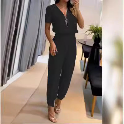 Damen Jumpsuit mit V-Ausschnitt und Gummizug Echoarchiv
