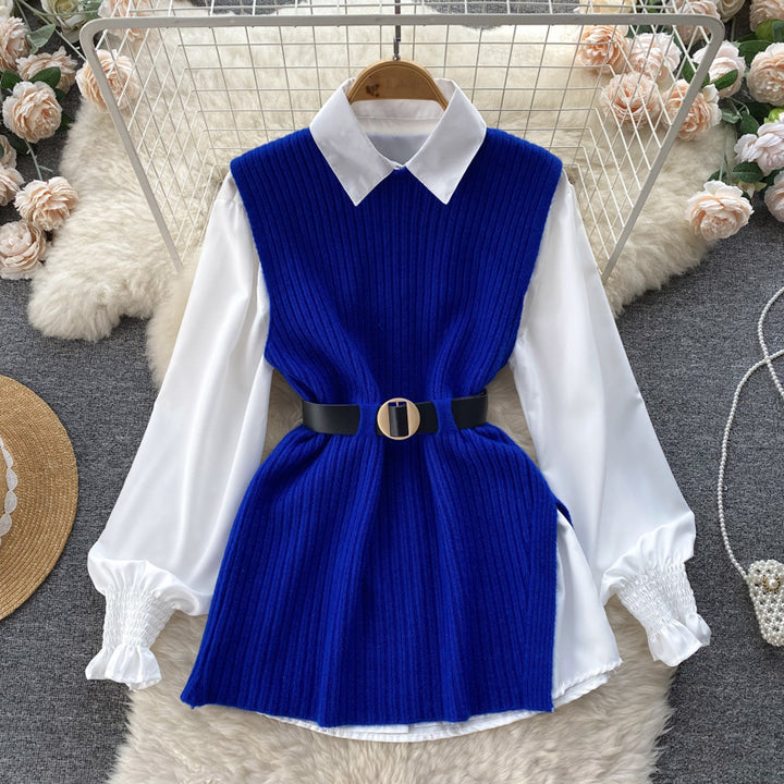 Damen Lagenlook-Bluse mit Rippstrick-Überwurf und Taillengürtel – Élovi