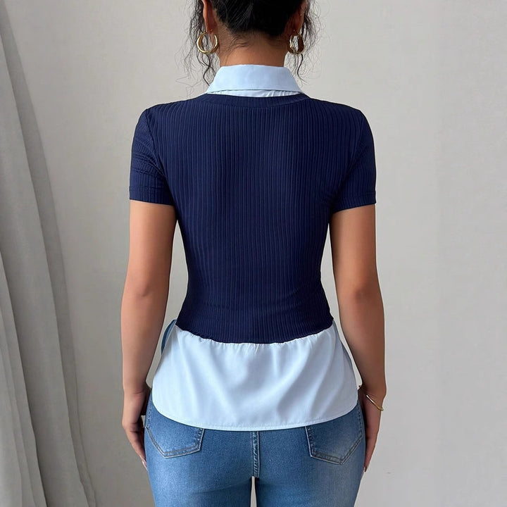 Damen Kurzärmeliges Layering-Top mit Fake-Hemdkragen und Rippstrickkörper – Avérine