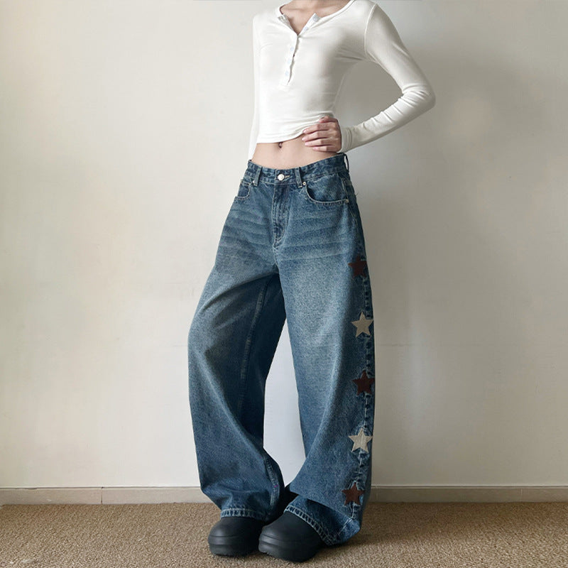 Damen Extraweite Baggy-Jeans mit Stern‑Applikationen und bodenlanger Silhouette Echo Archiv