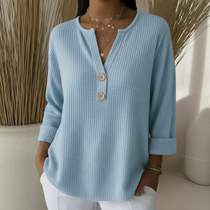 Damen Waffelstruktur Henley-Shirt mit V-Ausschnitt kurze Knopfleiste und krempelbaren 3/4-Ärmeln – Avérine