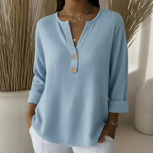 Damen Waffelstruktur Henley-Shirt mit V-Ausschnitt kurze Knopfleiste und krempelbaren 3/4-Ärmeln – Avérine