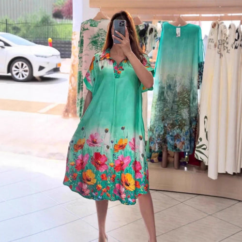 Damen nan leichtes Hemdblusenkleid mit floralem Bordürenprint, offenem V‑Ausschnitt und Einschubtaschen Echo Archiv