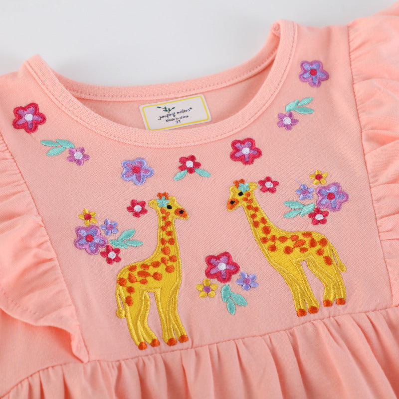 Mädchen Baumwollkleid mit bezaubernden Giraffen-Stickereien Echo Archiv