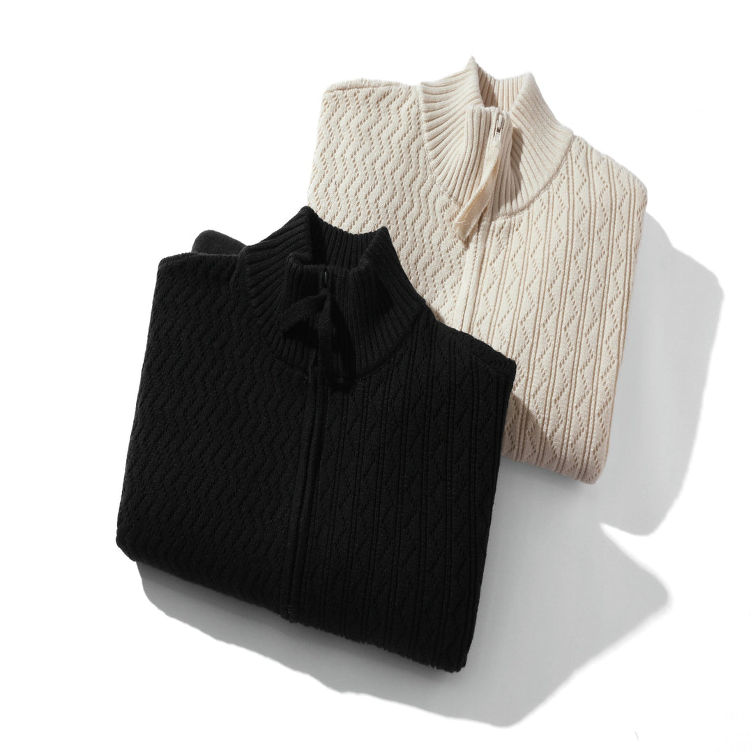 Unisex strukturierte Strick‑Zipjacke mit hohem Rippkragen und Kängurutaschen Echoarchiv