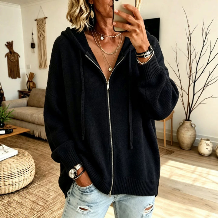 Damen Grobgestrickter Zip‑Hoodie‑Cardigan mit Oversize‑Passform und gerippten Bündchen – Auréline