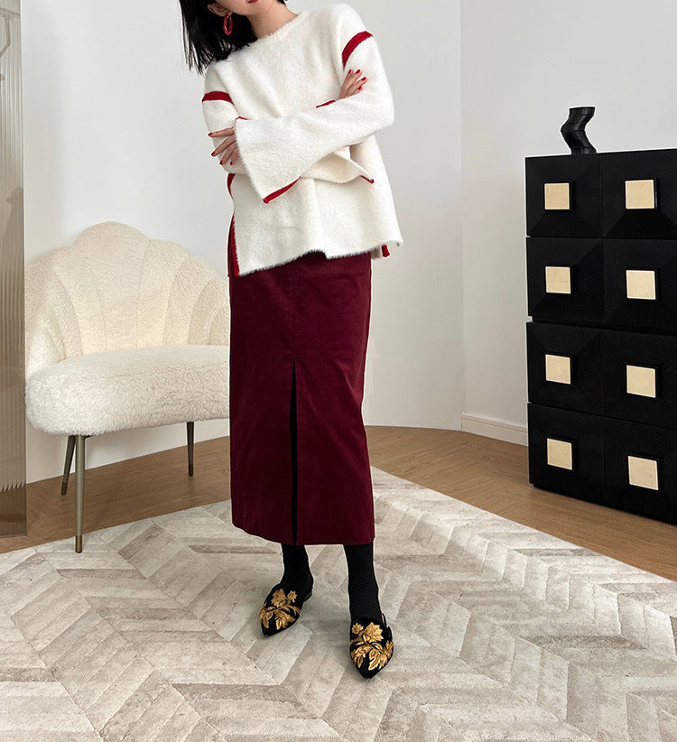 Damen Eleganter Cord Midi-Rock mit Schlitz Echoarchiv