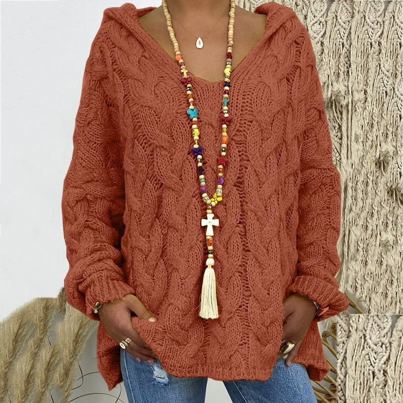 Damen Oversized Zopfmuster-Strickpullover mit Kapuze und lässigem V‑Ausschnitt Echo Archiv
