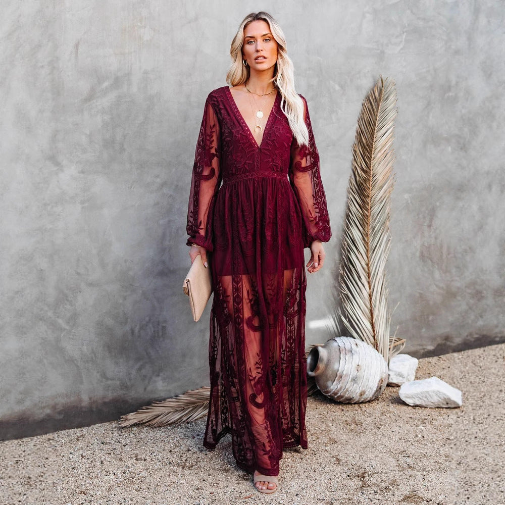 Damen Elegantes Spitzen-Maxikleid mit tiefem V-Ausschnitt und langen Ärmeln Echo Archiv