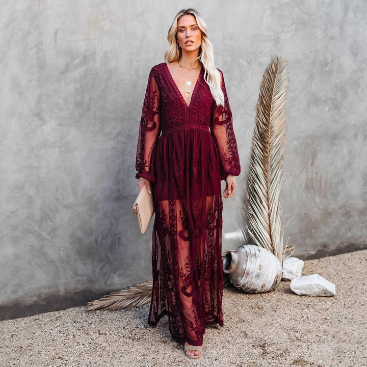 Damen Elegantes Spitzen-Maxikleid mit tiefem V-Ausschnitt und langen Ärmeln Echo Archiv