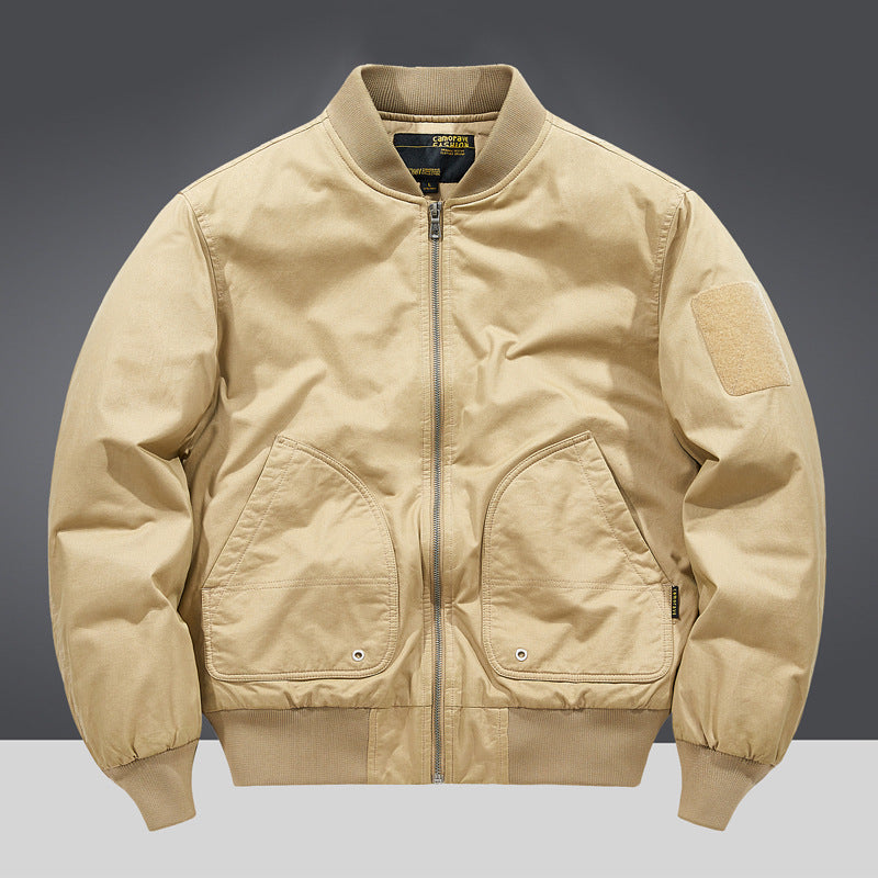 Men's military-inspired heavyweight cotton bomber jacket with curved flap utility pockets and sleeve velcro patch – Brevano