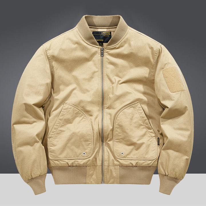 Men's military-inspired heavyweight cotton bomber jacket with curved flap utility pockets and sleeve velcro patch – Brevano