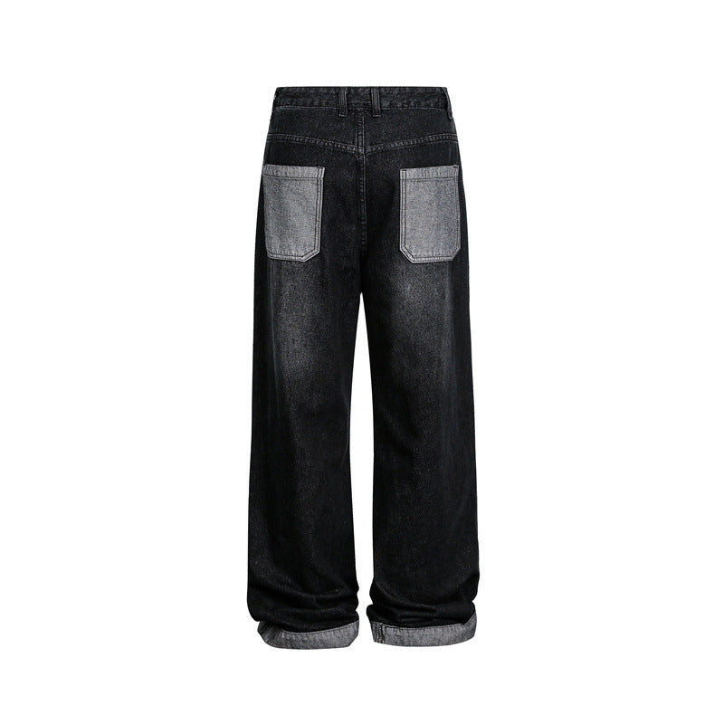 Unisex Weite Baggy-Denimhose mit hohem Bund und kontrastierten Eingrifftaschen Echoarchiv
