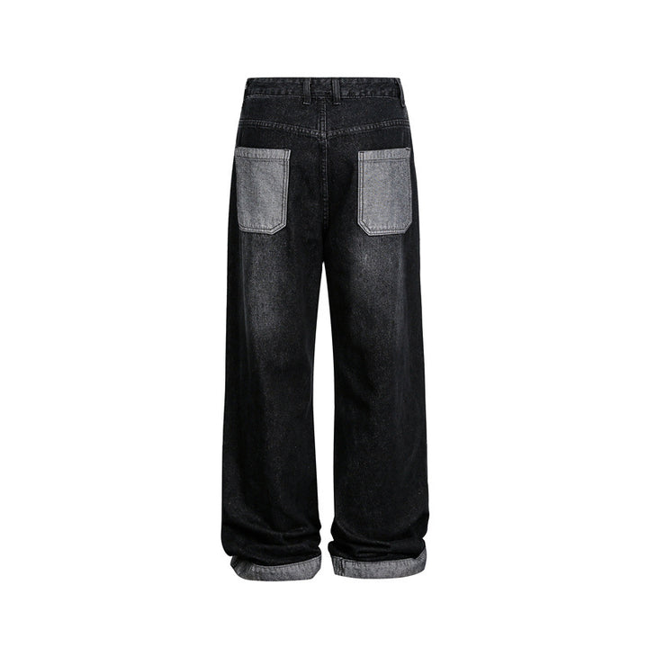 Unisex Weite Baggy-Denimhose mit hohem Bund und kontrastierten Eingrifftaschen Echoarchiv