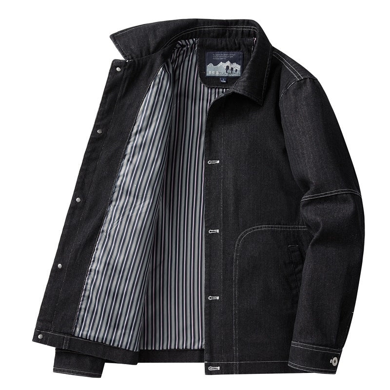 Herren Denim-Workerjacke mit geradem Schnitt, Kontrastnähten & gestreiftem Innenfutter Echoarchiv