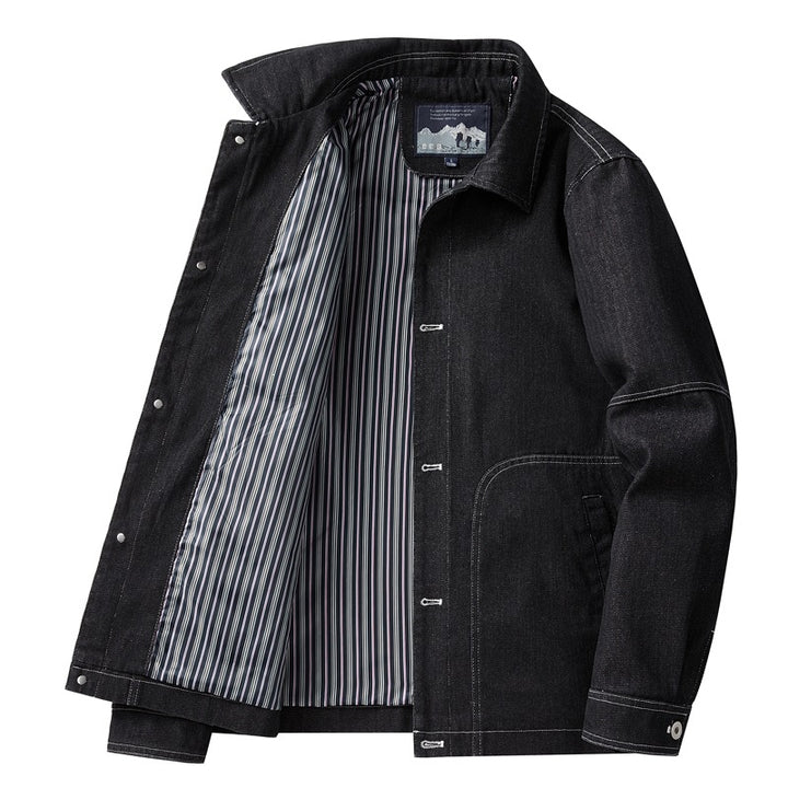 Herren Denim-Workerjacke mit geradem Schnitt, Kontrastnähten & gestreiftem Innenfutter Echoarchiv