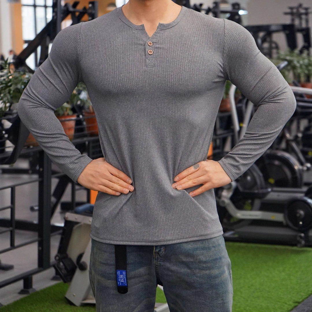 Herren Langarm Henley-Shirt mit strukturiertem Rippdesign Echoarchiv