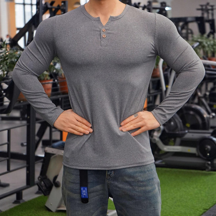 Herren Langarm Henley-Shirt mit strukturiertem Rippdesign Echoarchiv