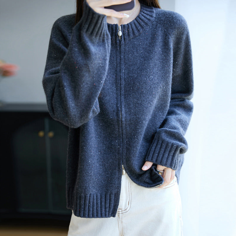 Damen Zip-Strickjacke mit Rundhalsausschnitt, feinem Nep‑Garn und gerippten Abschlüssen Echoarchiv