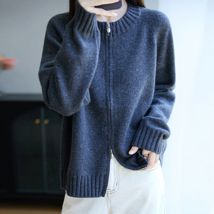 Damen Zip-Strickjacke mit Rundhalsausschnitt, feinem Nep‑Garn und gerippten Abschlüssen Echoarchiv
