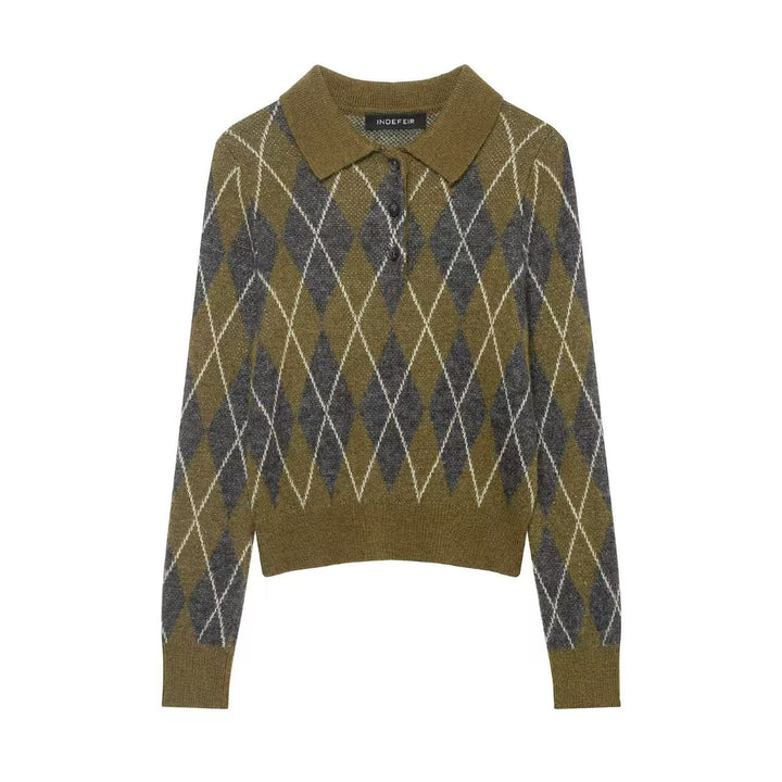 Damen nan Argyle-Polo-Strickpullover mit Cropped-Schnitt, Rippbündchen und Knopfleiste Echo Archiv
