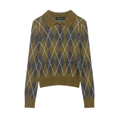Damen nan Argyle-Polo-Strickpullover mit Cropped-Schnitt, Rippbündchen und Knopfleiste Echo Archiv