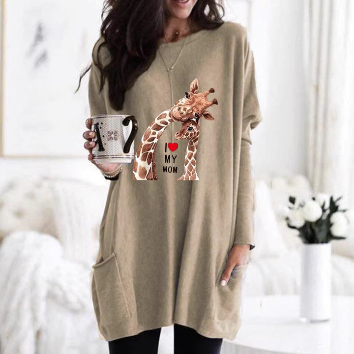Frauen Übergroße Sweatkleid mit Giraffenmuster, Rundhalsausschnitt und Seitentaschen Echoarchiv