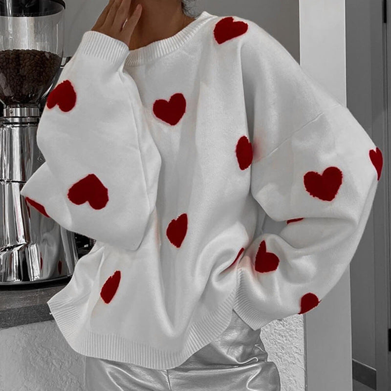 Damen Oversize-Feinstrickpullover mit Allover-Herzintarsien und überschnittenen Schultern – Mavelle