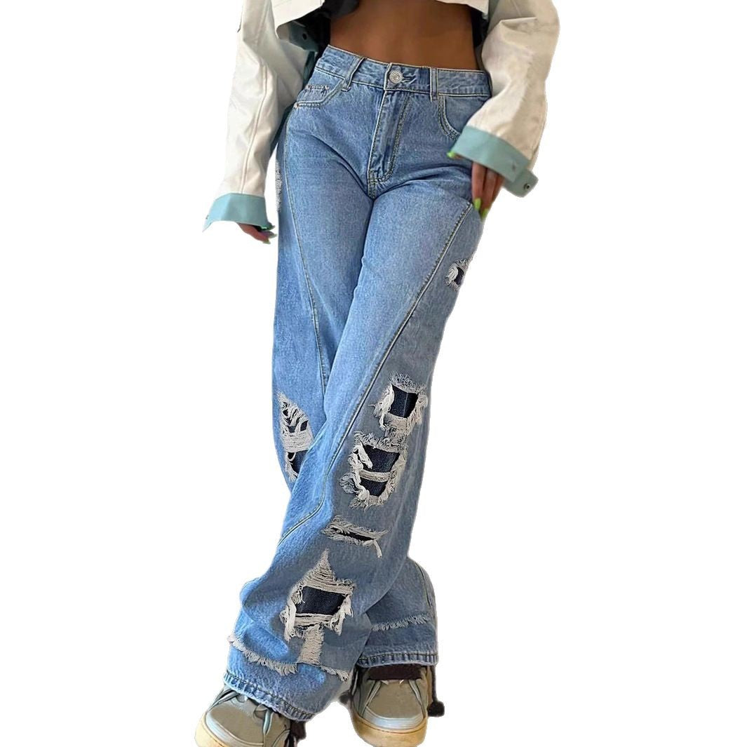 Damen weite Destroyed-Jeans mit seitlichen Cutouts und kontrastierten Unterlagen Echo Archiv