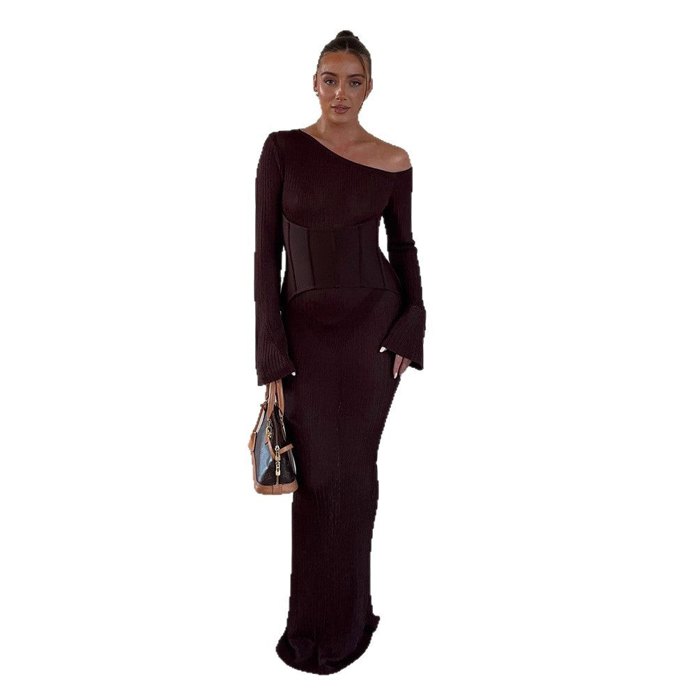 Damen One-Shoulder Maxikleid mit formendem Korsettbund und Rippstrick Echoarchiv