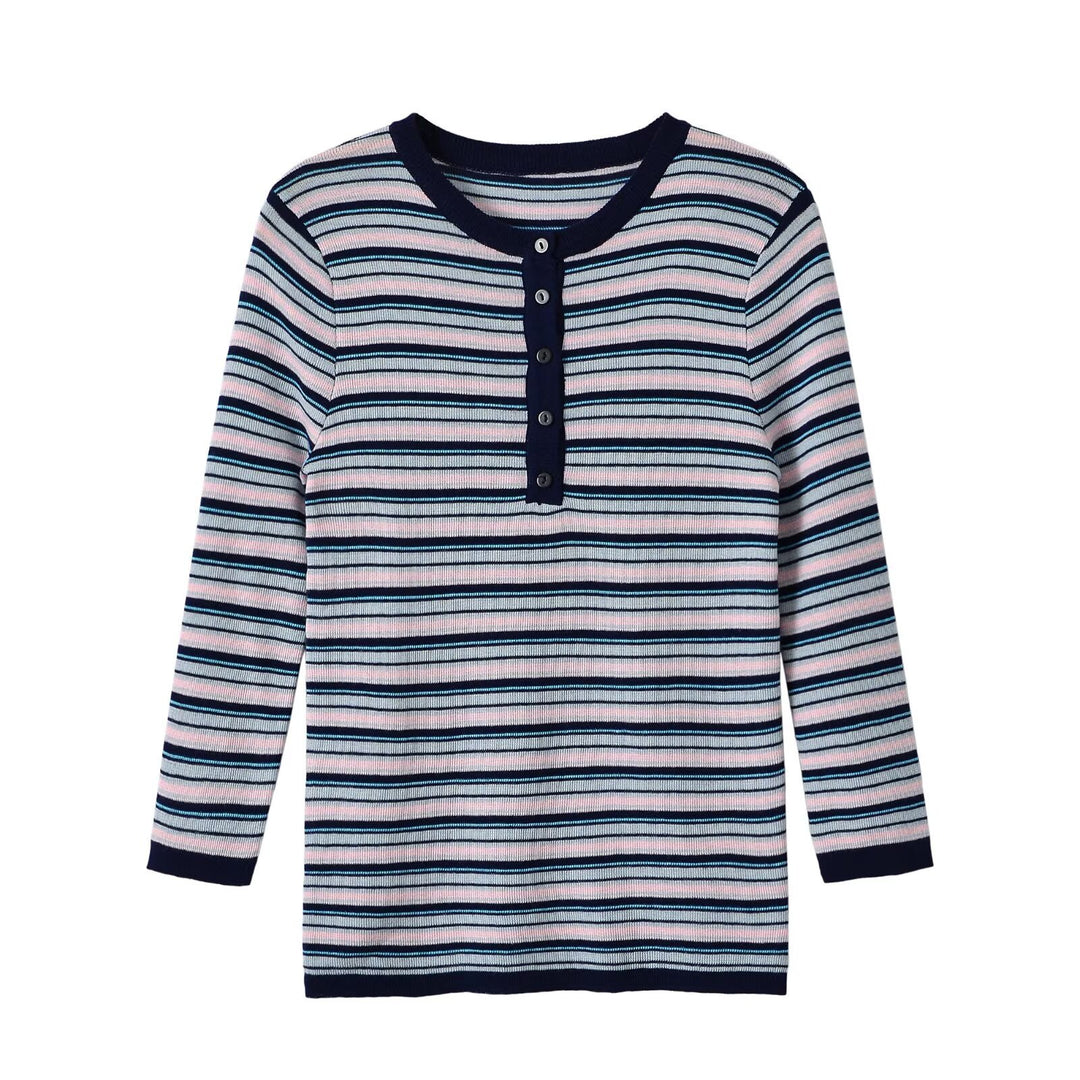 Damen Feinstrick-Henleyshirt mit feiner Streifenstruktur und Knopfblende Echoarchiv