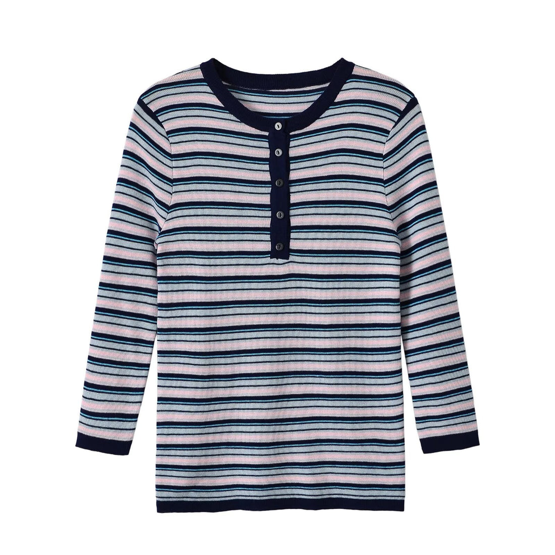 Damen Feinstrick-Henleyshirt mit feiner Streifenstruktur und Knopfblende Echoarchiv