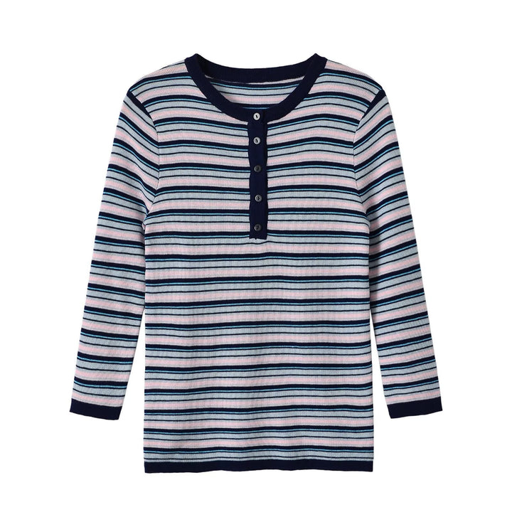 Damen Feinstrick-Henleyshirt mit feiner Streifenstruktur und Knopfblende Echoarchiv