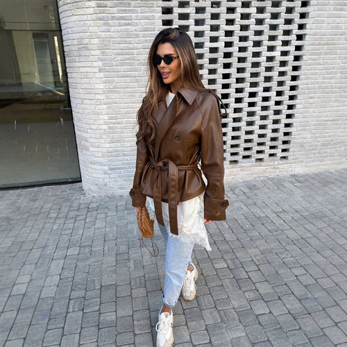 Damen Kurz geschnittener Oversize Lederimitat-Trench mit Taillengürtel und Epauletten Echoarchiv