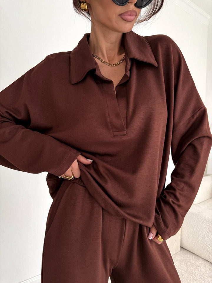 Damen Loungewear-Zweiteiler mit Hemdkragen-Cropped-Sweatshirt und weiter Palazzo-Hose – Élanora