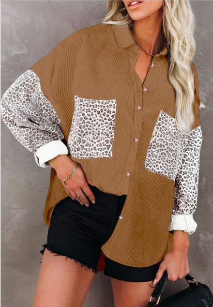 Damen Oversize-Cordhemd mit durchgehender Knopfleiste, Leo-Kontrastärmeln und aufgesetzten Taschen – Maréline