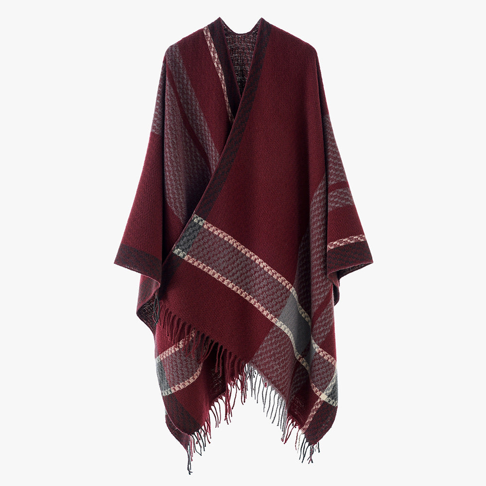 Damen Oversize Capeponcho aus Wollmix mit Karomuster und Fransensaum – Avérine
