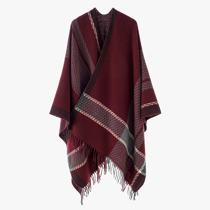 Damen Oversize Capeponcho aus Wollmix mit Karomuster und Fransensaum – Avérine