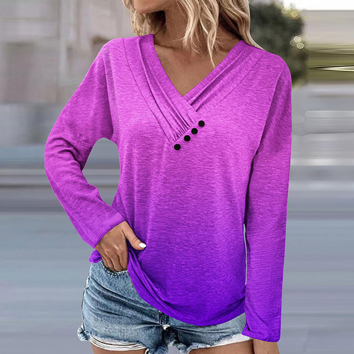 Damen Langärmeliges Ombré-Viskoseshirt mit V-Ausschnitt, Faltenlegung und Zierknöpfen – Avérine