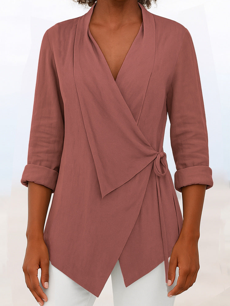 Damen Asymmetrische Wickelbluse mit Schalkragen und 3/4-Ärmeln – Élovi