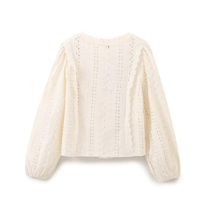 Damen Broderie‑Anglaise Bluse mit Rundausschnitt, Ballonärmeln und Spitzenbesatz Echoarchiv