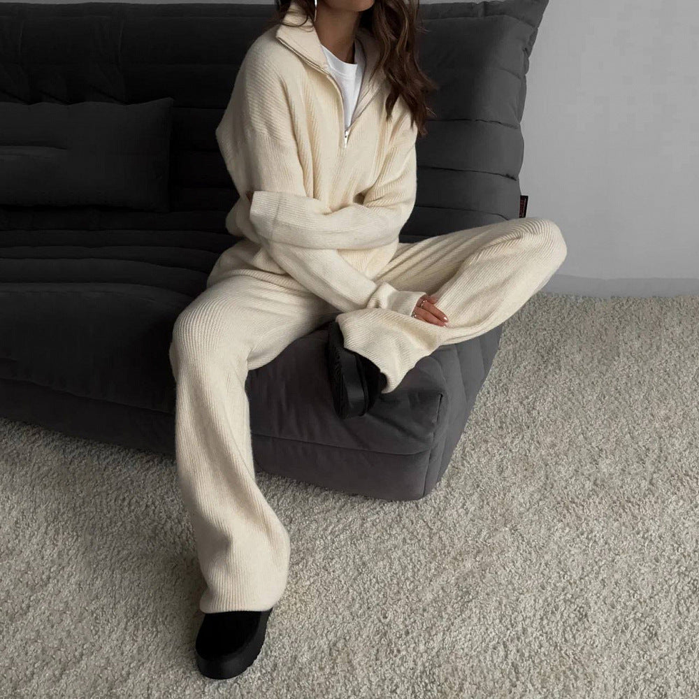 Damen nan geripptes Strick-Lounge-Set mit Halbzip-Pullover und hochgeschnittener Leggings Echo Archiv