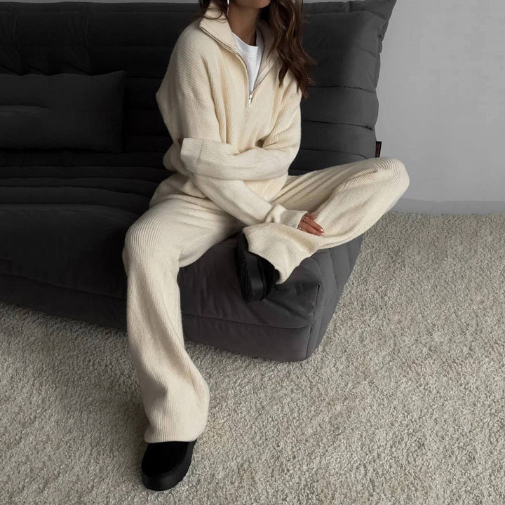 Damen nan geripptes Strick-Lounge-Set mit Halbzip-Pullover und hochgeschnittener Leggings Echo Archiv