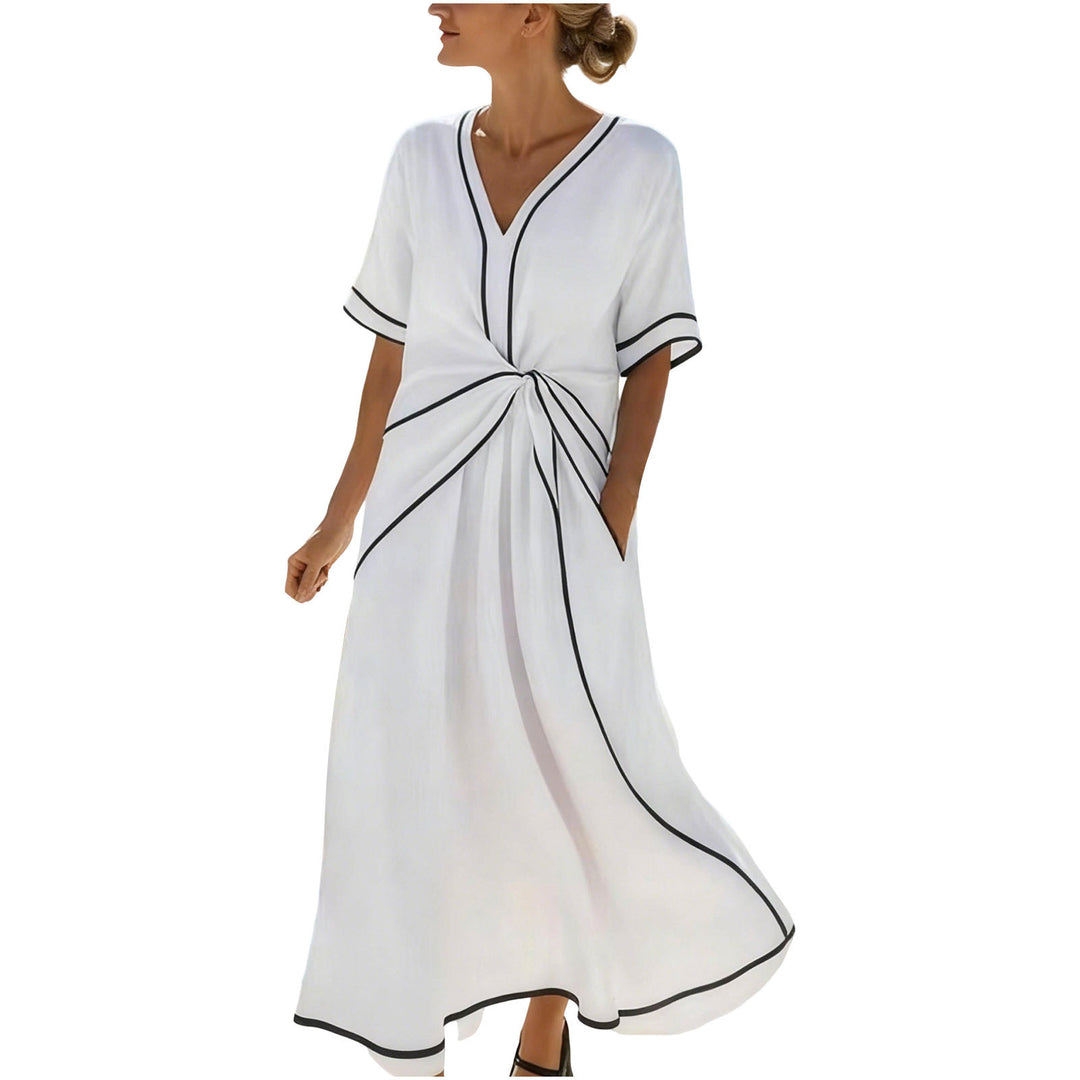 Damen Langes A-Linienkleid mit V‑Ausschnitt, Knoten-Detail und Kontrastpaspel – Élara