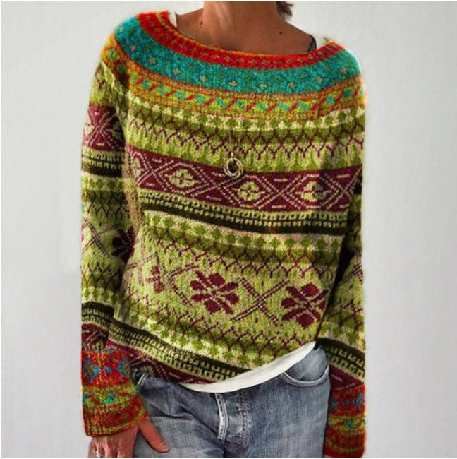 Damen nan gemusterter Norwegerstrickpullover mit weitem Rundhalsausschnitt und lässigem Oversize-Schnitt Echo Archiv