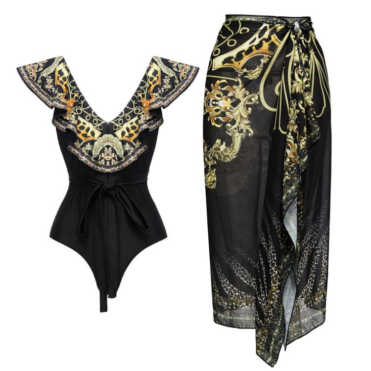 Damen Einteiler Badeanzug mit elegantem Design und passendem Wickeltuch Echo Archiv