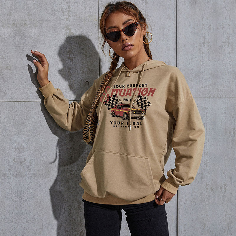 Damen Oversize-Kapuzenpullover mit Vintage-Racer-Print, Kängurutasche und geripptem Saum Echoarchiv