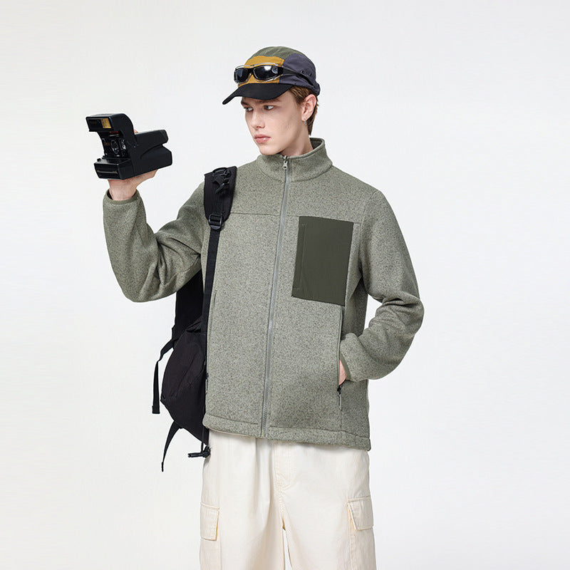 Herren Struktur-Fleece-Zipjacke mit hohem Stehkragen und Nylon-Brusttasche Echo Archiv