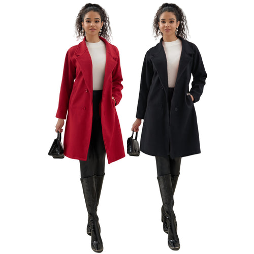 Damen Eleganter knielanger Zweireihiger Wollblend-Mantel mit Reverskragen – Montévia