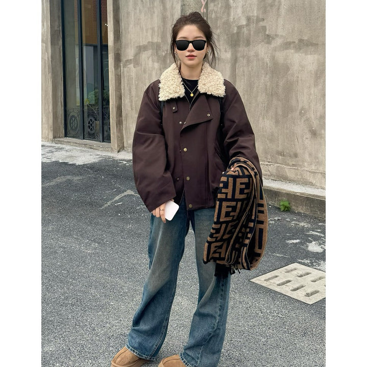 Damen Kurze Oversize-Boxy-Jacke mit Teddykragen und Druckknopfverschluss Echoarchiv